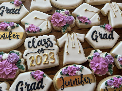 White & Gold Grad + purple florals- 1 Dozen