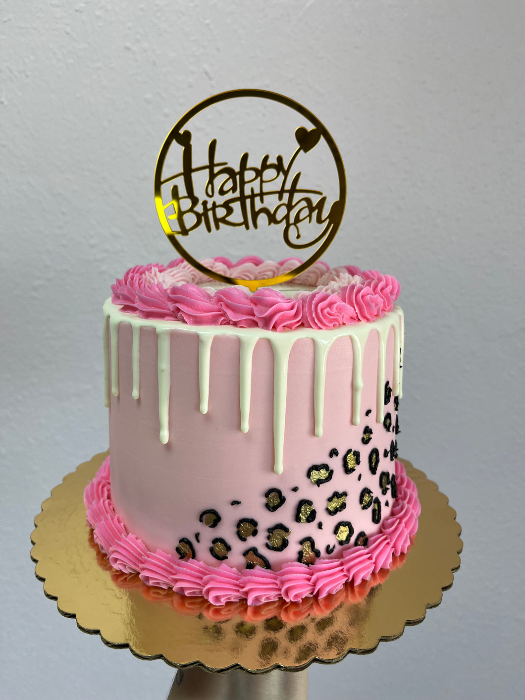 Pink leopard painted Cake with Drip-cake topper not included