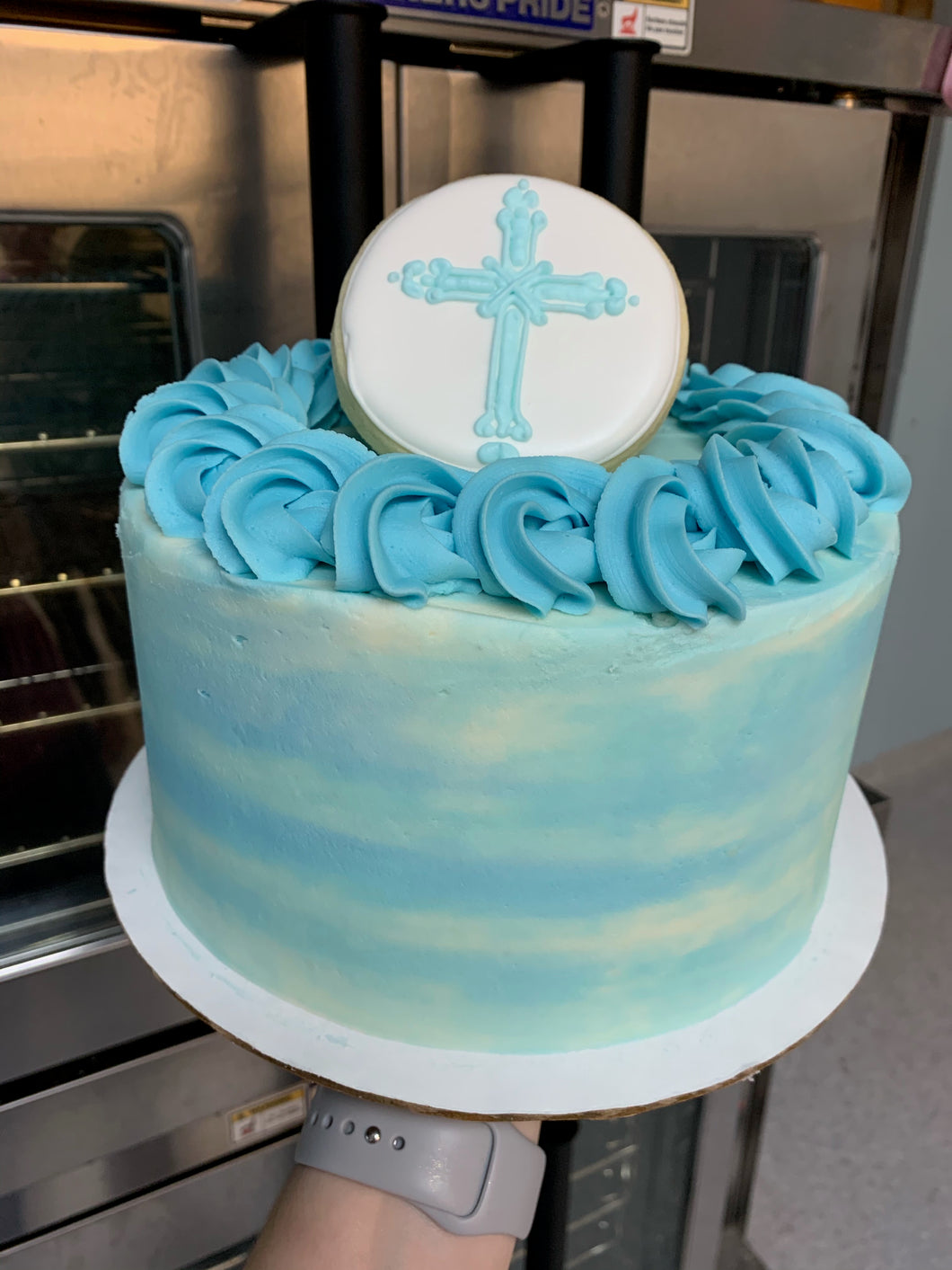 Baptism Watercolor Cake with Cookie Topper