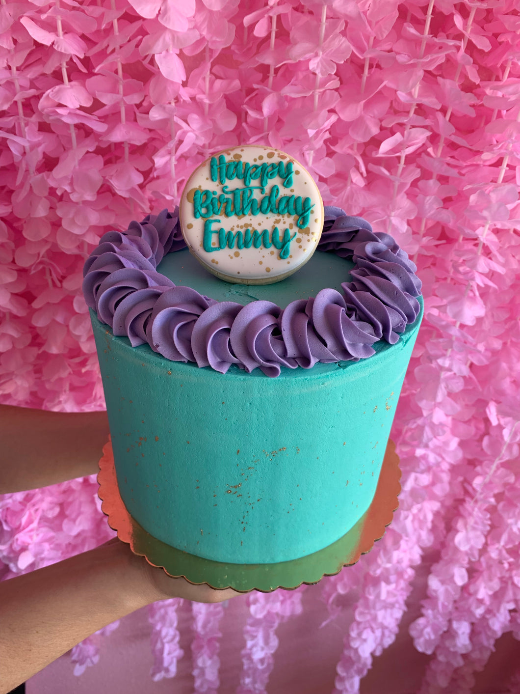 Teal and purple cake with Cookie Topper